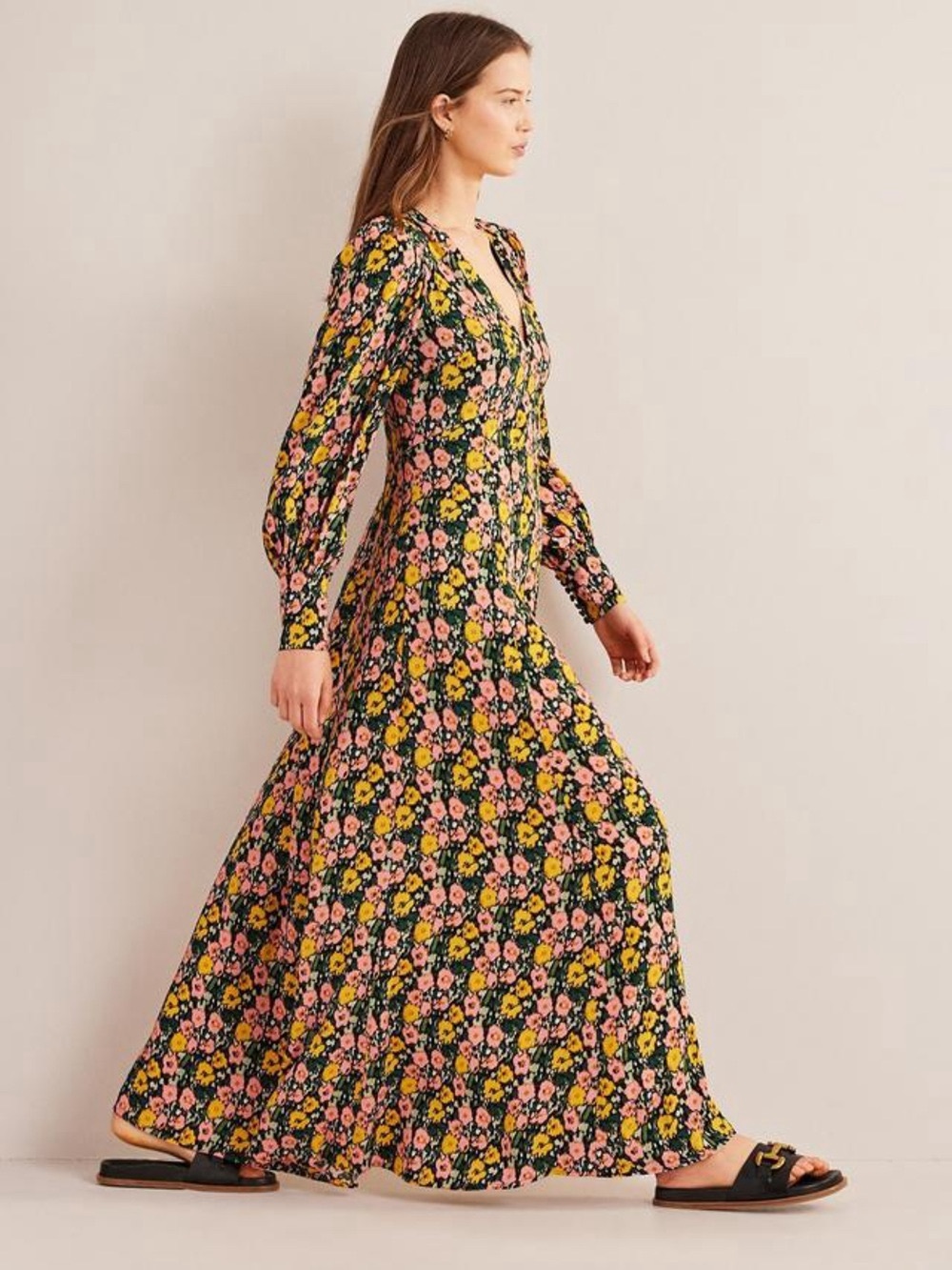 Boden 12 Floral Maxi Long Sleeve Tea Dress Boho Flowy Feminine Preppy V Neck - Picture 12 of 13